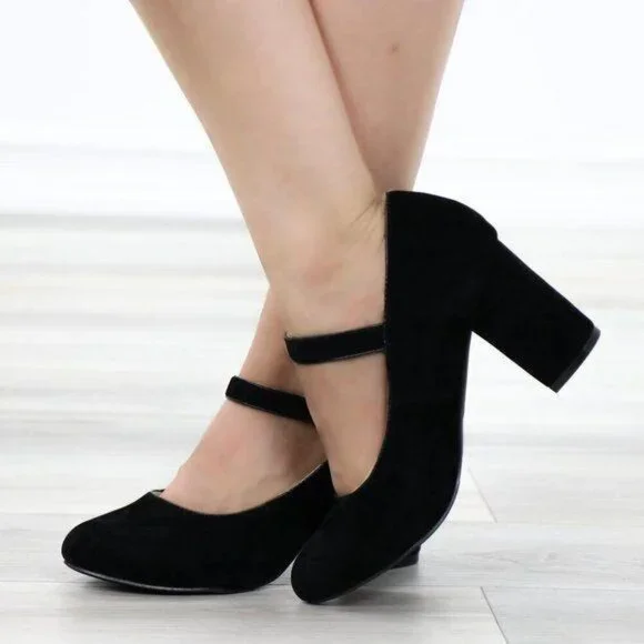 Black Mary Jane Shoes Faux Suede Buckle Strap Chunky Block Heel - Picture 9 of 13